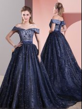 Pretty Navy Blue Lace Up Off The Shoulder Beading Prom Dresses Tulle Sleeveless Court Train
