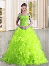 Artistic A-line Sleeveless Yellow Green Sweet 16 Dress Sweep Train Lace Up