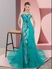  Teal Tulle Zipper Prom Evening Gown Sleeveless Sweep Train Beading and Lace