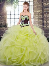 Fantastic Yellow Green Sweetheart Neckline Embroidery and Ruffles Sweet 16 Dress Sleeveless Lace Up