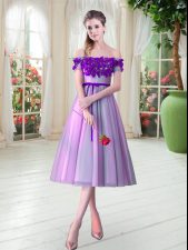  Tulle Sleeveless Tea Length Prom Dress and Appliques