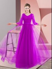  Purple A-line Tulle V-neck Long Sleeves Beading Floor Length Lace Up Prom Dress