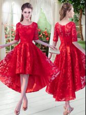  Red A-line Scoop Half Sleeves Lace High Low Zipper 