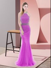 Attractive Lilac Sleeveless Beading Backless Prom Gown