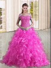  Organza Sleeveless 15 Quinceanera Dress Sweep Train and Beading and Lace and Ruffles