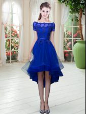 Customized Royal Blue Tulle Lace Up Off The Shoulder Short Sleeves High Low Evening Dress Appliques
