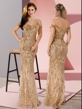  Floor Length Gold Prom Party Dress Off The Shoulder Sleeveless Zipper
