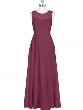  Burgundy Scoop Zipper Ruching Evening Dress Sleeveless
