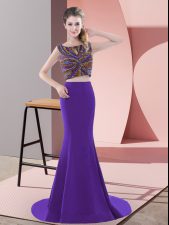 Top Selling Purple Scoop Backless Beading Evening Dress Sweep Train Sleeveless