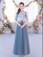 Fabulous Blue Half Sleeves Lace Floor Length Court Dresses for Sweet 16