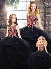 Fitting Floor Length Lace Up Quinceanera Gown Black for Sweet 16 and Quinceanera with Beading and Embroidery