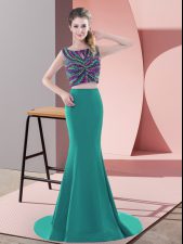  Turquoise Prom Gown Satin Sweep Train Sleeveless Beading