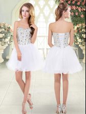  White Sleeveless Mini Length Beading Lace Up Dress for Prom