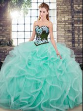  Aqua Blue Lace Up 15th Birthday Dress Embroidery and Ruffles Sleeveless Sweep Train