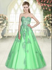  Green Sleeveless Floor Length Appliques Lace Up 