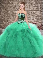  Sweetheart Sleeveless Sweet 16 Dresses Floor Length Beading and Embroidery Turquoise Tulle
