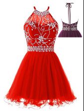 Shining Red A-line Halter Top Sleeveless Tulle Mini Length Backless Beading 