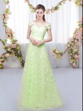 Fantastic Floor Length Lace Up Court Dresses for Sweet 16 Yellow Green for Prom and Party and Wedding Party with Appliques