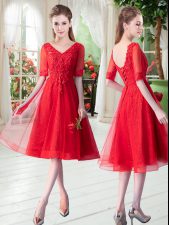 Lovely Red A-line V-neck Half Sleeves Tulle Knee Length Lace Up Beading and Appliques Evening Dress