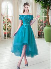 Artistic Teal A-line Off The Shoulder Short Sleeves Tulle High Low Lace Up Appliques Prom Gown