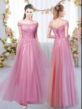  Pink Empire Tulle Off The Shoulder Sleeveless Lace Floor Length Lace Up Dama Dress