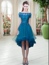  Short Sleeves Tulle High Low Lace Up in Teal with Appliques