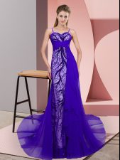 Comfortable Purple Zipper Homecoming Dress Beading and Lace Sleeveless Sweep Train