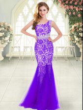 Simple Floor Length Zipper Prom Dresses Purple for Prom and Party with Beading and Lace