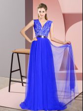 Glorious Royal Blue Homecoming Dress V-neck Sleeveless Sweep Train Zipper