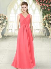  Watermelon Red V-neck Zipper Ruching Dress for Prom Sleeveless