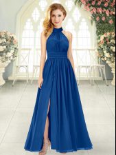  Chiffon Halter Top Sleeveless Zipper Ruching Prom Party Dress in Blue