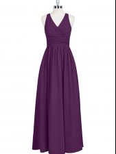  A-line Evening Dress Eggplant Purple V-neck Chiffon Sleeveless Floor Length Zipper