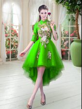 Deluxe Green Half Sleeves Appliques High Low Prom Dress