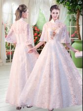Great White Empire Lace High-neck Half Sleeves Appliques Floor Length Zipper Prom Dresses