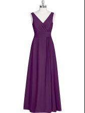 Excellent Eggplant Purple Sleeveless Ruching Floor Length Homecoming Dress