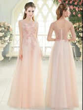 Fashion Pink Tulle Zipper Homecoming Dress Sleeveless Floor Length Beading and Lace and Appliques