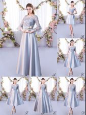 Exceptional Silver 3 4 Length Sleeve Satin Lace Up Quinceanera Court Dresses for Prom and Party and Wedding Party