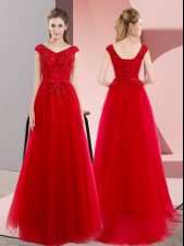 Ideal Red Lace Up Prom Evening Gown Beading and Lace Short Sleeves Floor Length Sweep Train