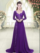  Eggplant Purple A-line Beading and Lace Prom Gown Backless Chiffon Long Sleeves