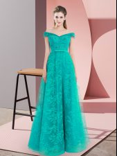Trendy Off The Shoulder Sleeveless Prom Party Dress Floor Length Beading and Lace Turquoise