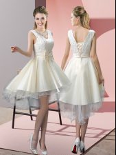 Most Popular A-line Evening Dress White V-neck Tulle Sleeveless High Low Lace Up