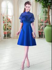  Royal Blue Homecoming Dress Prom with Ruffled Layers High-neck Cap Sleeves Lace Up