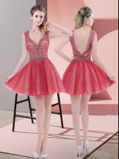 Customized Watermelon Red Backless V-neck Beading Prom Dress Tulle Sleeveless