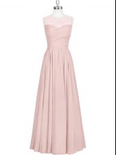 Luxury Baby Pink Chiffon Zipper Scoop Sleeveless Floor Length Prom Dress Ruching
