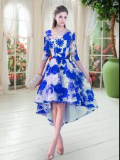  Blue And White Prom and Party with Belt Scoop Half Sleeves Lace Up