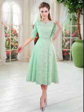  Apple Green A-line Beading Prom Dresses Zipper Lace Half Sleeves Tea Length