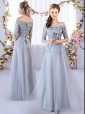 Modern Empire Quinceanera Court of Honor Dress Grey Off The Shoulder Tulle Half Sleeves Floor Length Lace Up