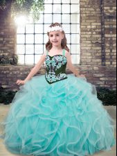  Aqua Blue Tulle Lace Up Little Girls Pageant Dress Sleeveless Floor Length Embroidery and Ruffles