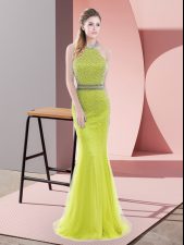 Exceptional Sleeveless Sweep Train Beading Backless Prom Gown