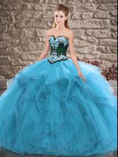 Suitable Floor Length Blue Quinceanera Dress Sweetheart Sleeveless Lace Up